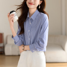 实拍蓝色衬衫女长袖2025秋季新款气质职业通勤蓝白条纹衬衣