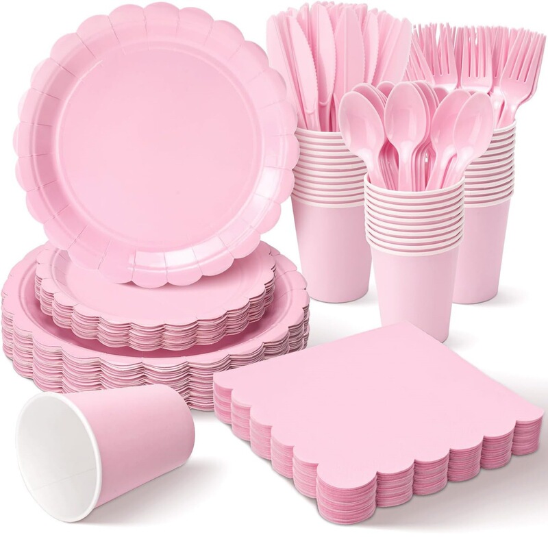New Pink Lace Party Plate Set for Girls' Birthday, Solid Color Disposable Paper Plates, Paper Cups, Paper Napkins, Tableware Set