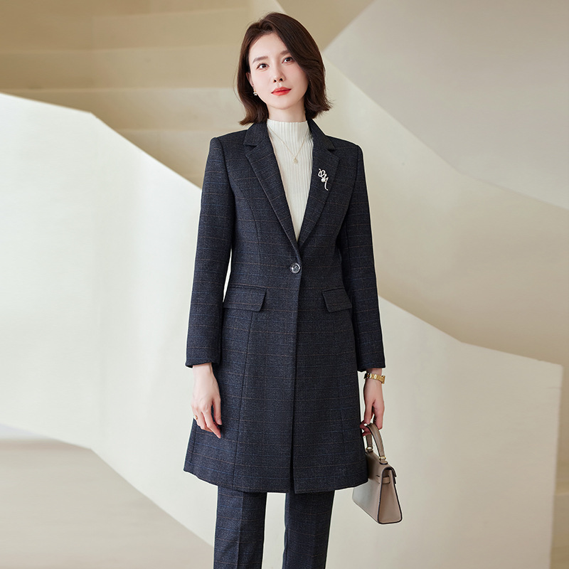 Women's Korean-style plaid trench coat autumn and winter new mid-length British-style slim-fit elegant suit overcoat