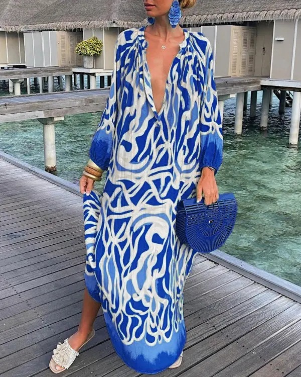 Color Block Pattern Summer, Spring, Autumn Season Women'S Gender Printing Design Vacation Style Wholesale Women'S Vacation Printing Color Block Travel Deep V Long Sleeve Pencil Skirt