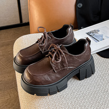 855-1 英伦风小皮鞋女厚底2025春款系带乐福鞋黑色百搭粗跟单鞋女
