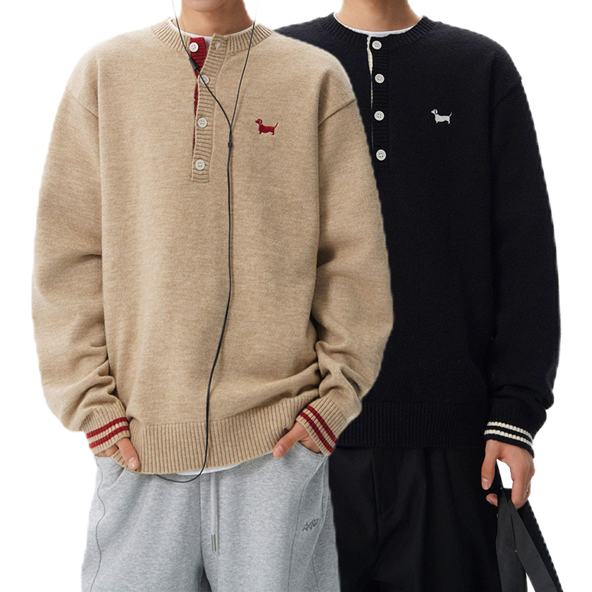 Explosiones transfronterizas de tamaño grande europeo falso dos piezas de jersey de cuello Henry suéter bordado cachorro viejo fábrica de viento de dinero al por mayor