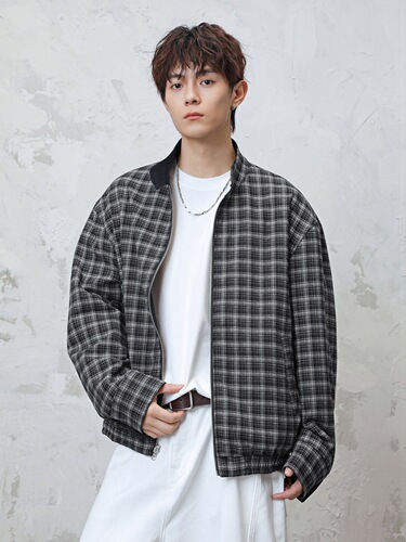 Double-sided retro checked Harrington work jacket autumn fashion brand loose stand-collar American silhouette coat q