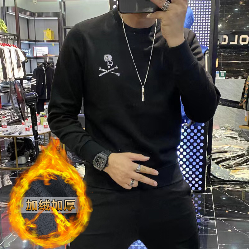 Men's Fleece Sweatshirt New European Style with Rhinestone Skull Design, Long-Sleeve, Thick Pullover, Slim Fit, Versatile and Stylish Top for Young Men