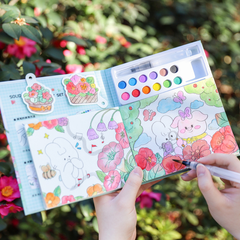 new children‘s coloring diy painting book comes with brush paint watercolor painting coloring book ins style portable painting kit