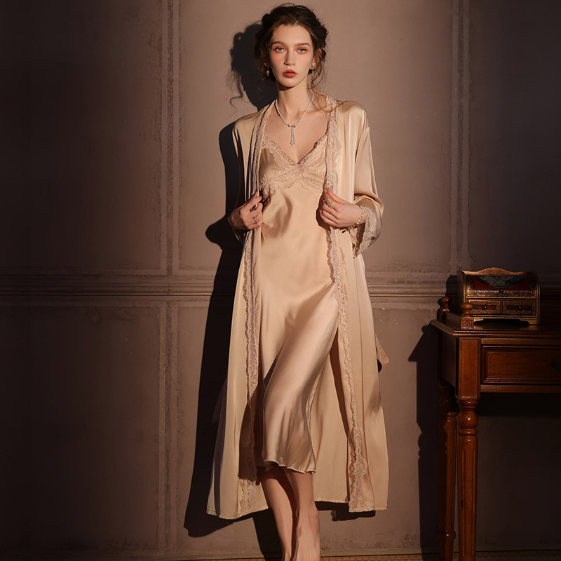 Sexy Pajamas Women's Extended Long Nightdress Robe Two-piece Set Spring and Autumn Summer Ice Silk Sling Lace Home Clothes New suit