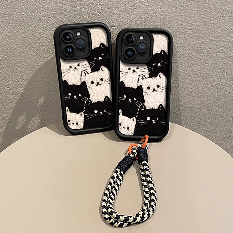 Чехол для телефона (совместимый с Apple) серий iPhone 13–17, текстура из овчины, полноэкранная печать кошки, опциональный шейный шнурок