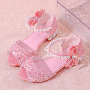 Girls High Heels Fashion New Children's Princess Shoes Shiny Performance Shoes Girls Bow Crystal Shoes Sandals