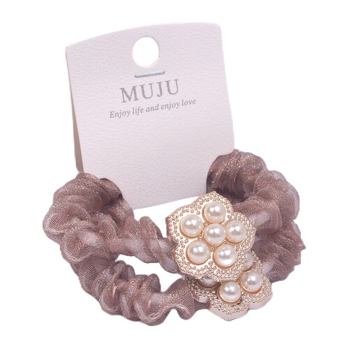 B111 Light luxury style pearl flower hair rope 2 card-mounted rubber bands simple mesh small intestine hair ring leather cover Korean style hair rope