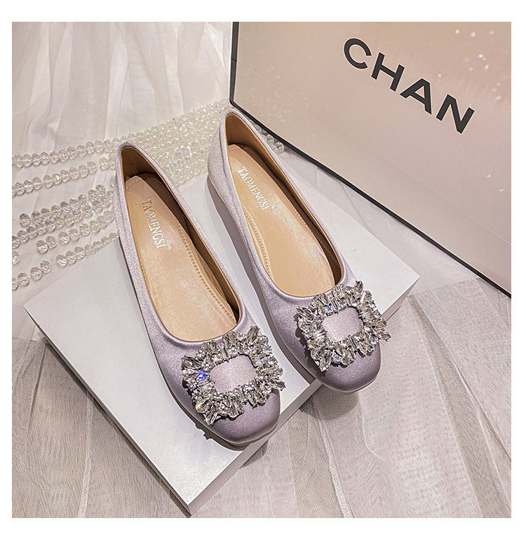 Giày búp bê nữ mũi vuông đế bằng đính đá, kiểu dáng thanh lịch — Màu Sâm Panh (Vàng), Màu xám nhạt, Màu đen chi tiết 35
