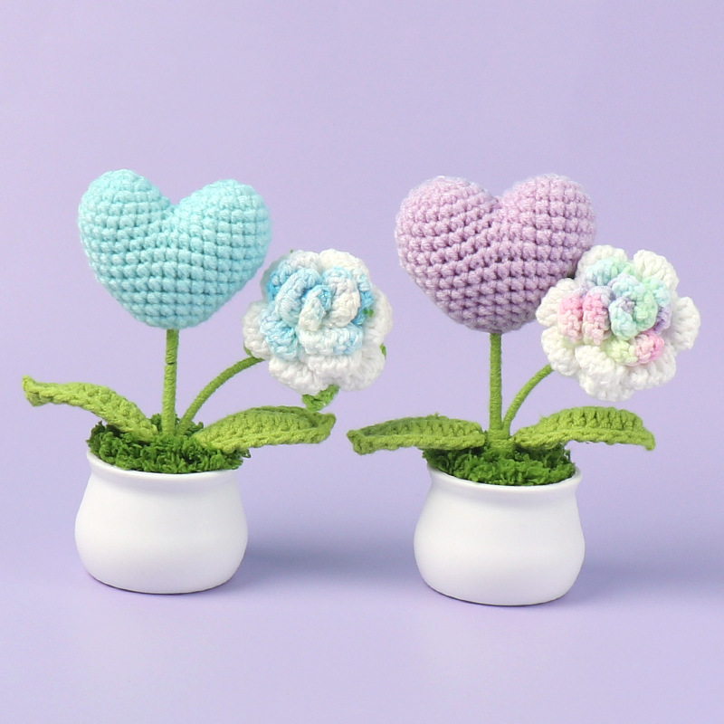 Finished cross-border hand-crocheted wool love rose small potted mini desktop simulation flower car ornaments decoration
