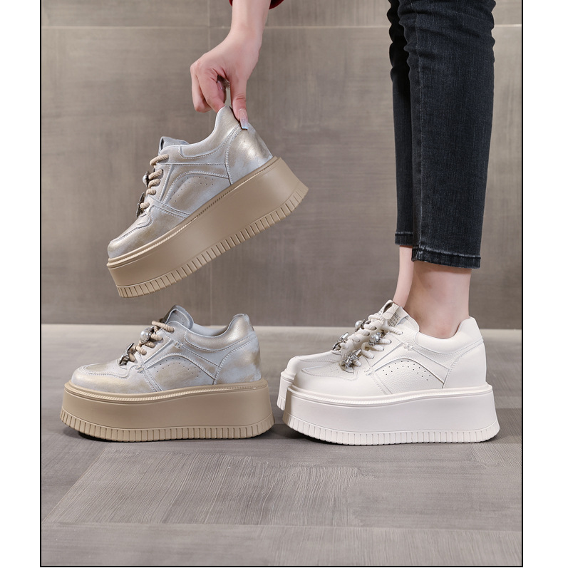 Giày sneaker nữ chunky đế dày phong cách retro đánh bóng màu be — Màu be chi tiết 16