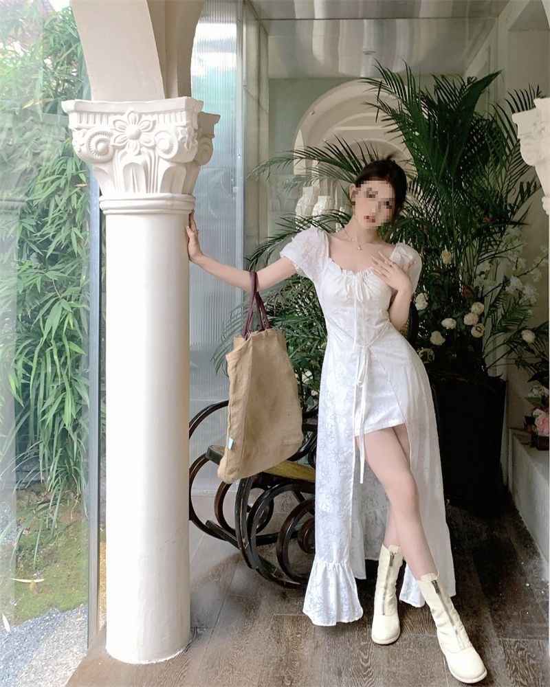 Váy dài cổ vuông tay ngắn thắt eo phong cách Pháp mùa hè — màu trắng chi tiết 9