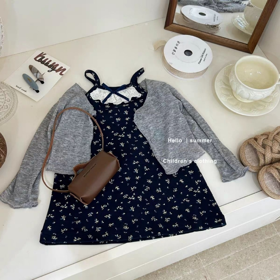 Original Korean Girls' Dress 2026 New Summer Floral Suspender Dress Cardigan