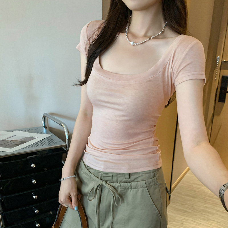 Pure Desire Style Large U-Neck Short Sleeve T-Shirt for Women, Summer 2025 New Thin Transparent Slim Fit Hot Girl Top Pure Desire Style Large U-Neck Short Sleeve T-Shirt for Women, Summer 2025 New Thin Transparent Slim Fit Hot Girl Top