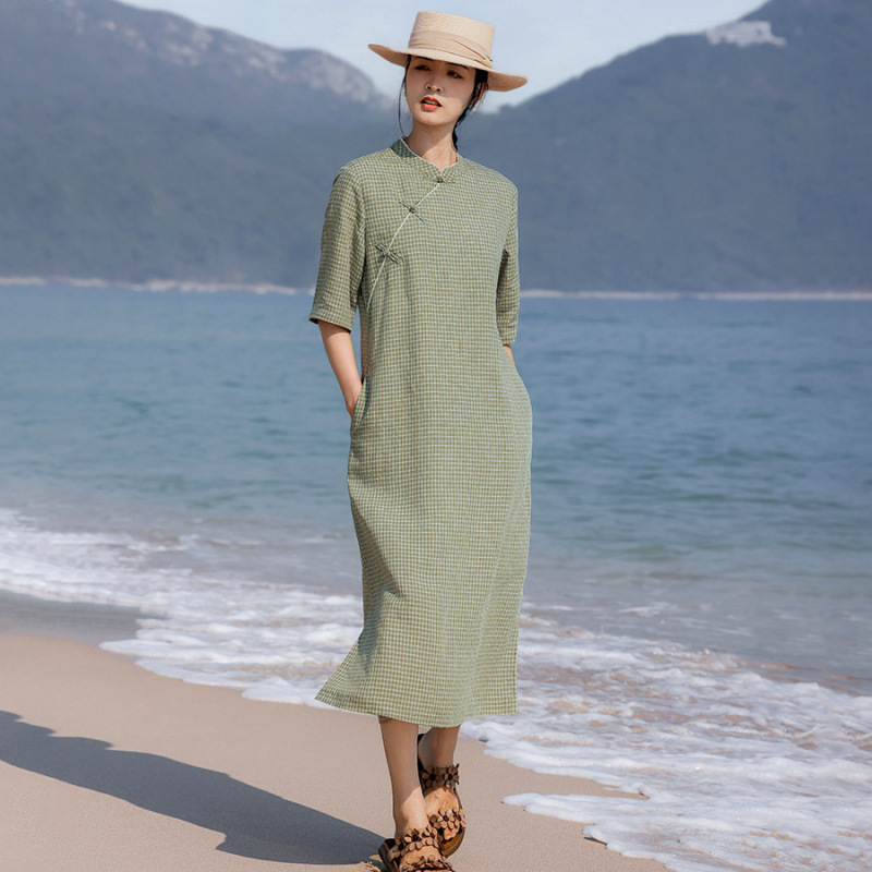 Chinese Style Improved Cheongsam Dress, Cotton and Linen Plaid Dress, Nostalgic Lace Retro Buttoned One-Step Dress, New Summer Style Chinese Style Improved Cheongsam Dress, Cotton and Linen Plaid Dress, Nostalgic Lace Retro Buttoned One-Step Dress, New Summer Style