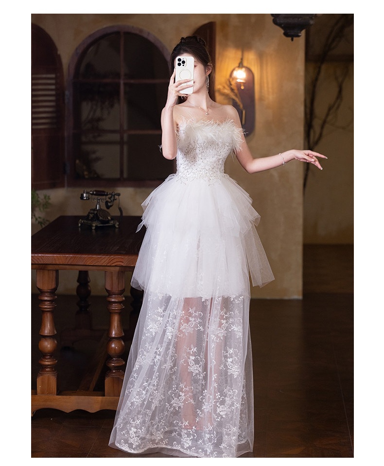 Đầm maxi nữ thắt eo cổ yếm phong cách Pháp, tay lỡ xếp tầng, phối lông vũ trang trí — Trắng chi tiết 10