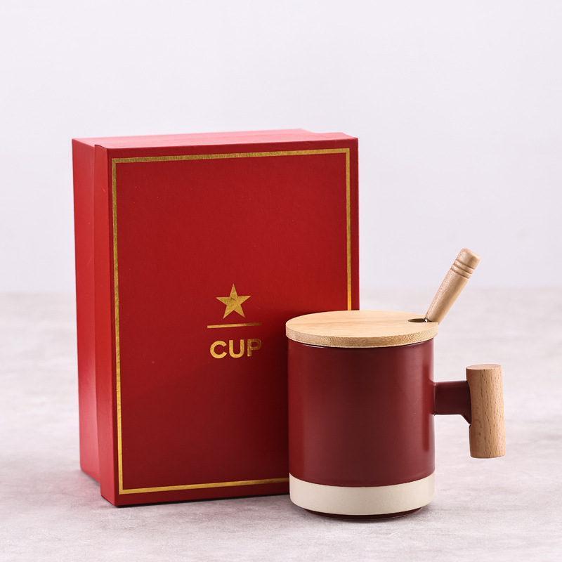 Mango de madera original taza de cerámica taza de café taza de agua taza con cubierta cuchara caja de regalo LOGO al por mayor