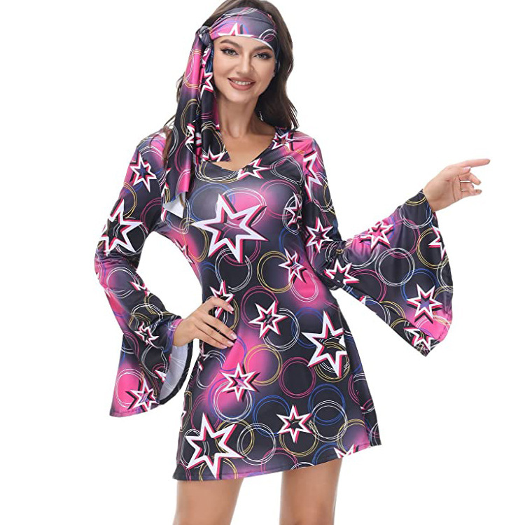 Cross-Border Amazon 2024 Halloween Autum New Printed Dress 70S Hippie Disco Women's Clothing