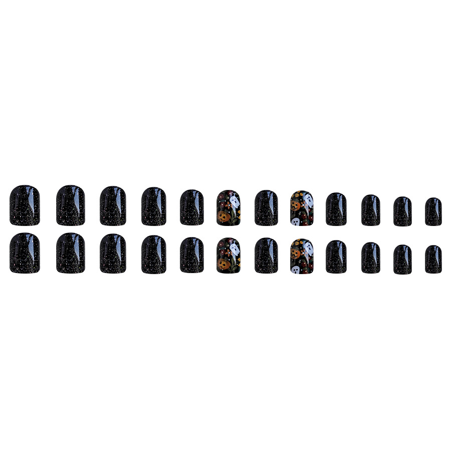 Armure carrée courte et brillante pour visage Halloween Gypsophile noire Orange Citrouille Fantôme Fleurs multicolores Nail Art noir brillant 24 pièces_voghion.com