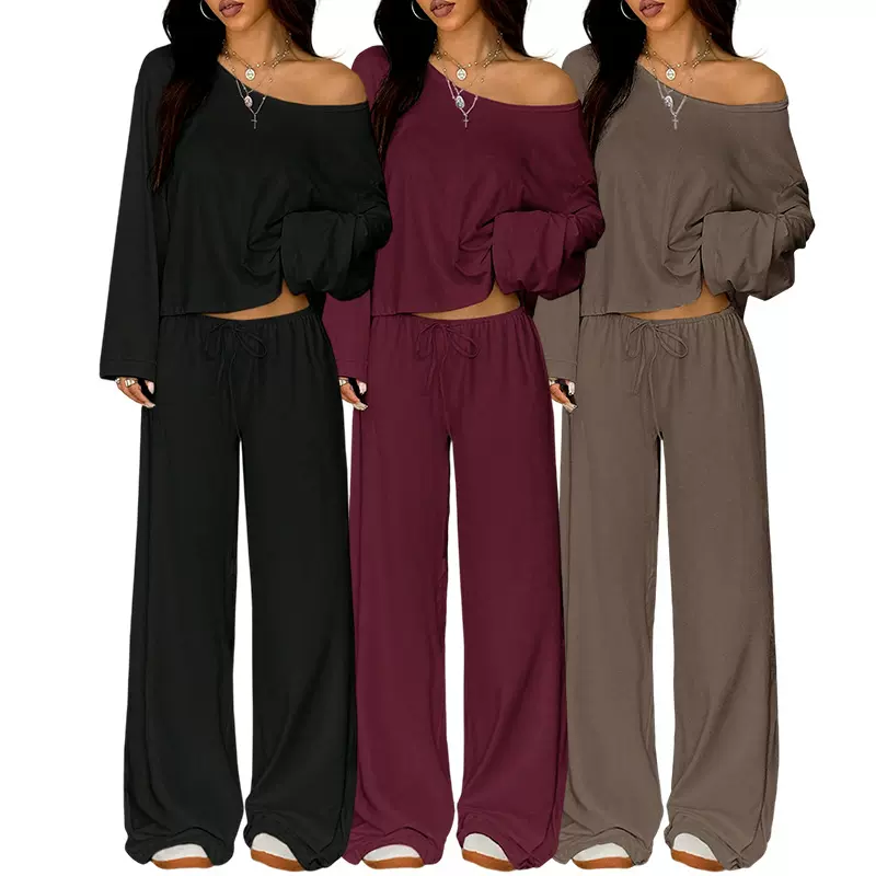 跨境外贸欧美风一字肩露肩款长袖上衣阔腿拖地裤性感休闲套装女