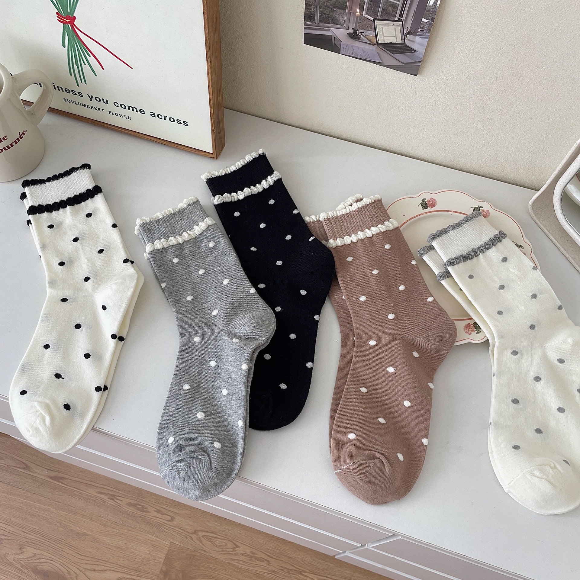 60g Weight Socks Classification Socks Lingerie Type Cotton Fabric Type A Pair Quantity Daily Occasion Polka Dots Pattern Spring, Autumn Season Women's Gender Elegant Style Elegant Women's Polka Dots Cotton Crew Socks A Pair 21