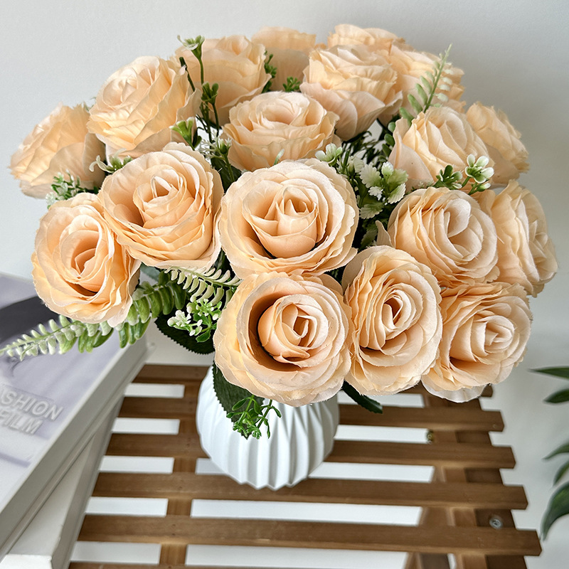 Meilong primavera color 18 rosas flor artificial boda escena fondo flor pared diseño flor fila camino plomo falso ramo de flores