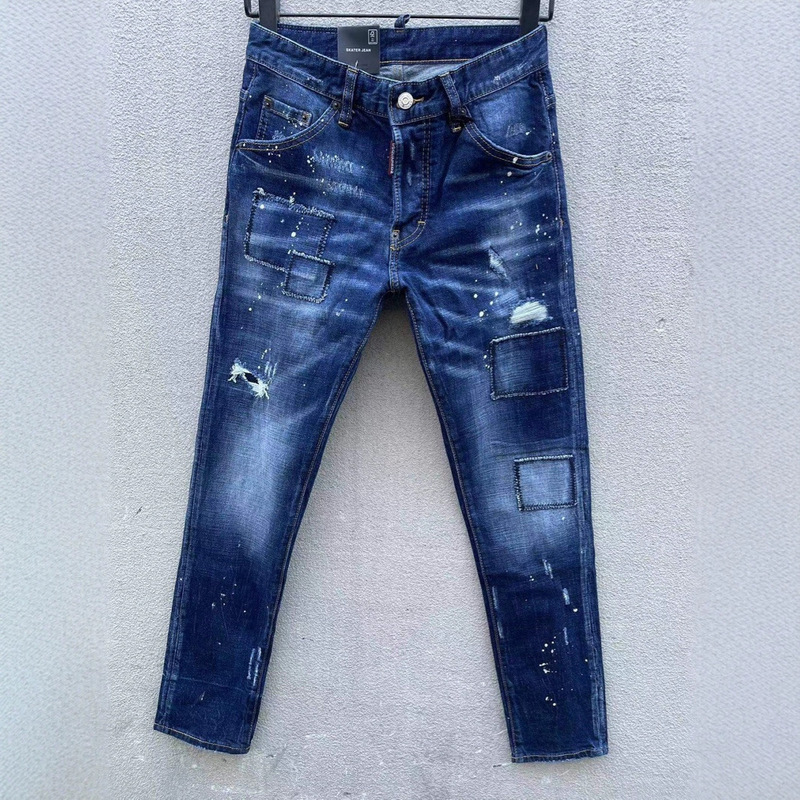 C05925 New D2 Men's Jeans with Stretch, Washed Vintage Patch Design, Designer Spring New Season Vintage Trend