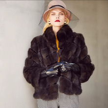 进口俄罗斯紫貂皮草短款拼貂绒女款斜纹保暖立领2025新款