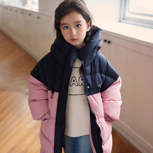 Middle and Large Children's Cold-Proof Clothing 2025 Winter Korean Style Mid-Length Color-Blocked Feather Velvet Clothing for Girls Warm and Fashionable Jacket