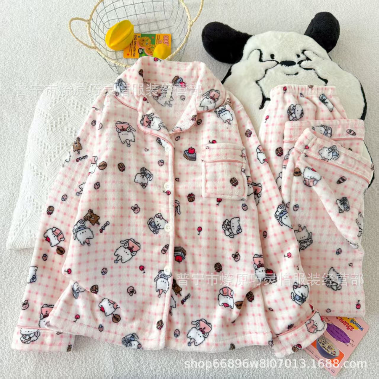 Franela otoño y invierno nueva linda niña caliente y gruesa dulce kitty gato suelto conjunto de pijamas se puede usar fuera