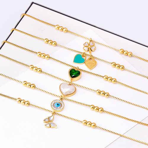 A variety of small golden bean love anklets, simple and versatile, mother-of-pearl butterfly green zircon foot accessories for women, titanium steel non-fading wholesale