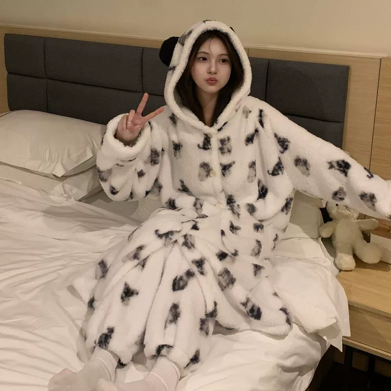 Coral velvet demi-season warm pijama, cartoon flannel long bathrobe with hood, set