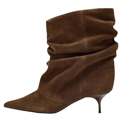 Autumn New Arrival Women's Shoes, Faux Suede Crepe Pointed-toe Cat Heel Short Blocky Brown Pointed-toe Crepe Short