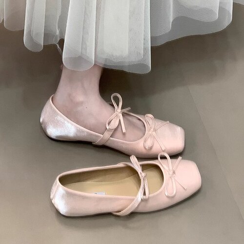 Pink bow Mary Jane shoes for women, 2025 summer, cushioned inner heel, single shoe, French square-toe princess shoe, low heel, comfortable