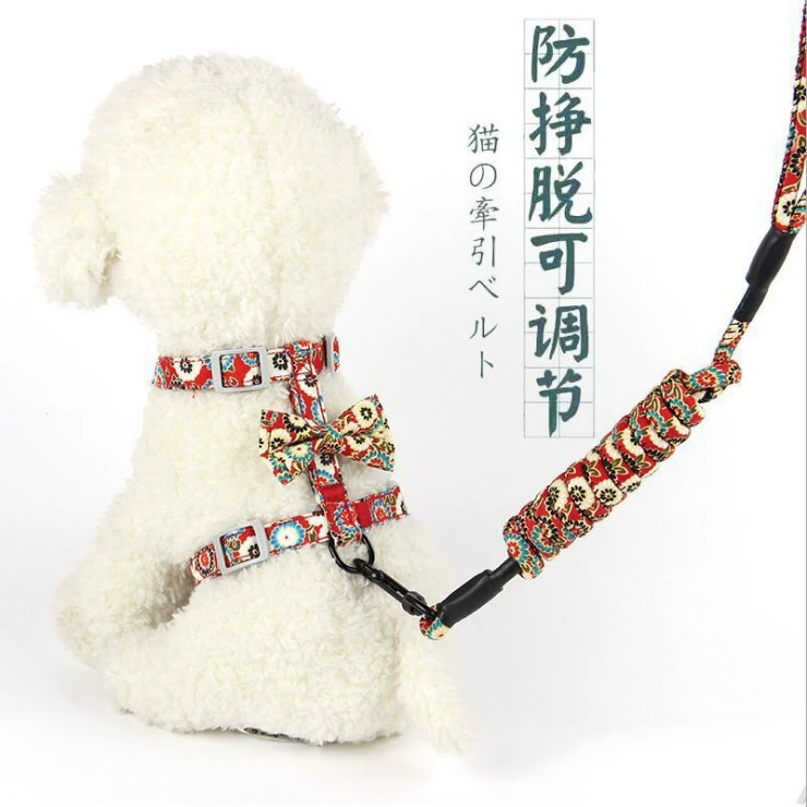 Pet Wai Pet Тяговая веревка Японский стиль и ветер Cat Тяговый пояс I-образный цветочный Cat Цепь Лук Тяговая веревка