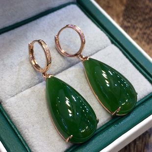 Natural Xinjiang Hetian Jasper Water Drop Earrings Gold Inlaid Jade Earrings Spinach Green Jasper Earrings Mom Gift