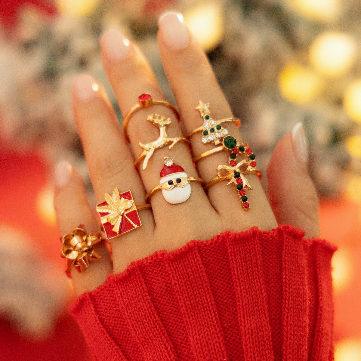 European And American Jewelry Fashion Metallic Reindeer Ring Christmas Trend Holiday Gift Ring Set Of 8 Pieces_voghion.com