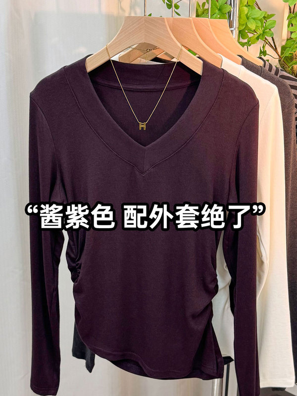 秋季新款V领开叉不规则T恤上衣女设计感小众修身百搭打底衫体恤潮|undefined