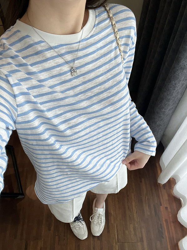 レトロなセーリングストライプT！竹ピマコットンコントラストストライプTシャツ夏ルーズレイジー日焼け止めブラウス|undefined