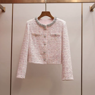 深圳南油高端女装秋季新款法式小香风镶钻圆领粗花呢短款外套上衣