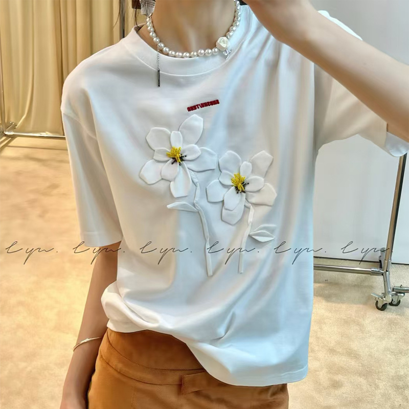 [in Stock] New Summer Style Round Neck Pullover Loose-Fitting Hand-Stitched Floral Beaded Short-Sleeved Cotton T-Shirt 25839