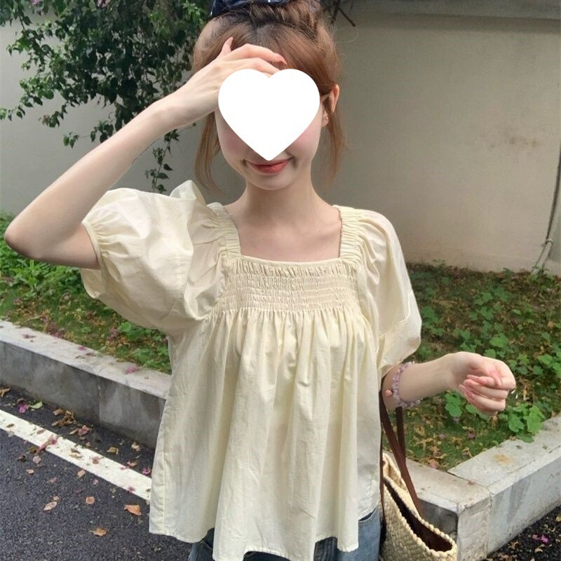 Spring and Summer Plus-Size Loose Elastic Waist Square-Neck Solid Color Short-Sleeve Babydoll Shirt Blouse Wholesale Spring and Summer Plus-Size Loose Elastic Waist Square-Neck Solid Color Short-Sleeve Babydoll Shirt Blouse Wholesale