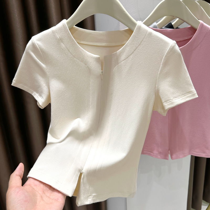 ピンク甘いドーパミンアイスシルクニット半袖 Tシャツ女性の夏 2025 新しいジッパースリットボトリングシャツトップ|undefined