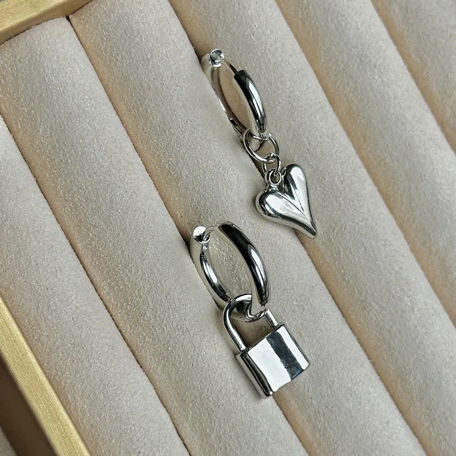 Korean Style Geometric Stainless Steel Double Circle Two-Wear Earrings Asymmetrical Alloy Heart Padlock Pendant Earrings for Women