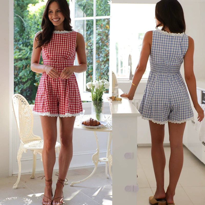 Пятно 2025 Летняя трансграничная новая внешняя торговля мода женская клетка с воротником на талии Короткие комбинезоны без рукавов