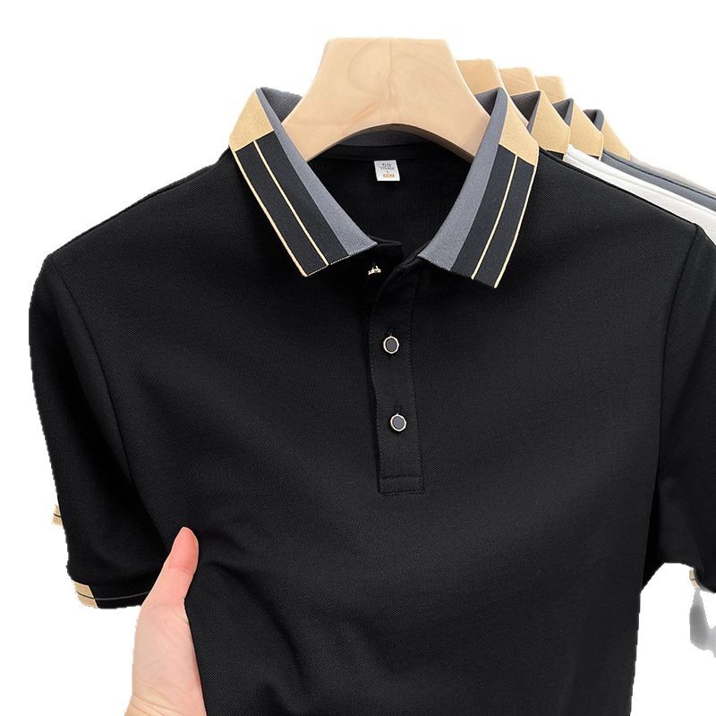 Men's Summer New Short-Sleeve Turn-Down Collar Youth Ice Silk High-End Fashionable Versatile T-Shirt_viptrois.com