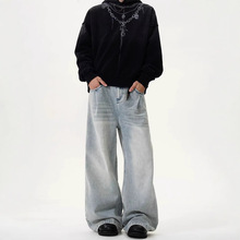 跨境外贸美式cleanfit裤子慵懒直筒水洗牛仔裤男宽松情侣阔腿长裤