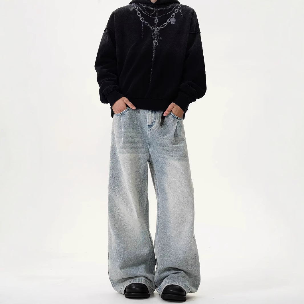 跨境外贸美式cleanfit裤子慵懒直筒水洗牛仔裤男宽松情侣阔腿长裤