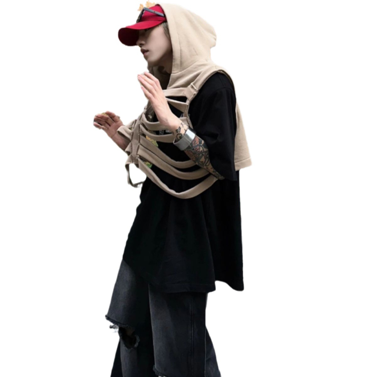 Cráneo costilla chaleco hombres otoño diseño sentido nicho moda marca pu shuai frito calle chaleco americano sin mangas con capucha chaleco